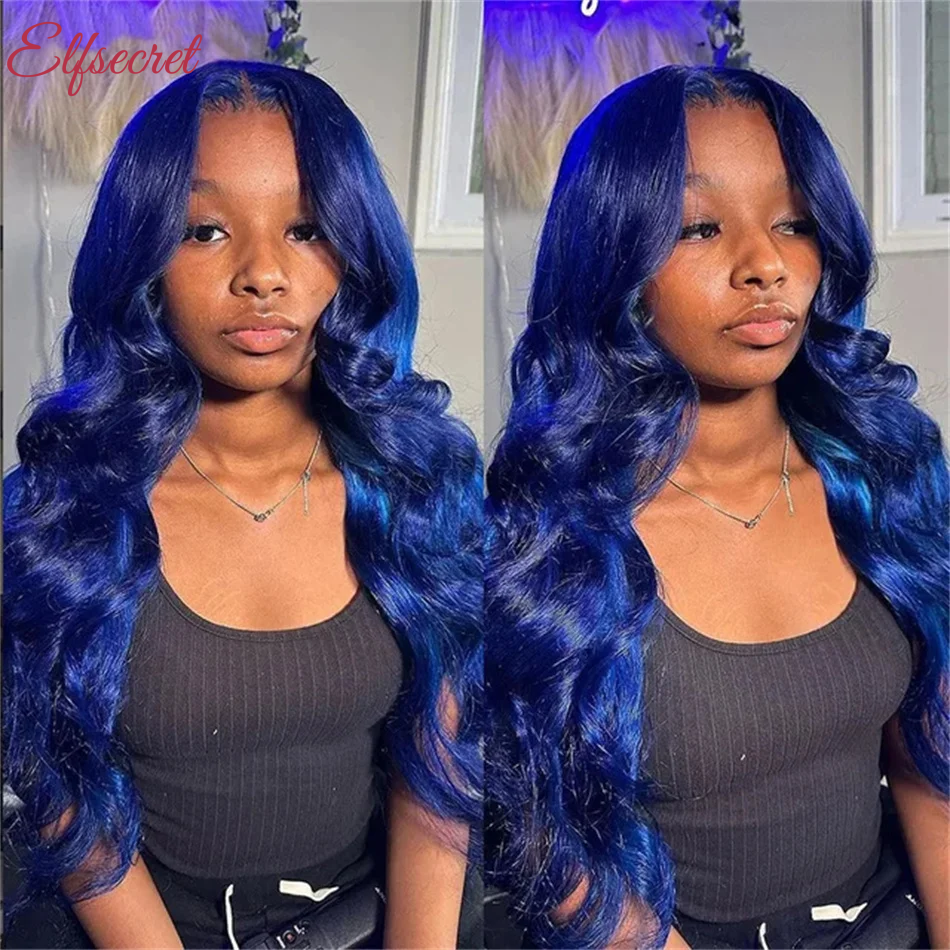 Azul marinho 13x4 frente do laço onda do corpo perucas de cabelo humano brasileiro azul colorido perucas dianteiras do laço transparente para as mulheres pré arrancadas