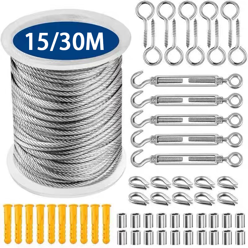 15/30m Zestawy lin stalowych o dużej wytrzymałości Drut ogrodowy Kabel balkonowy Balustrada Farm Fence Namiot Rolka 304 Powlekane PVC
