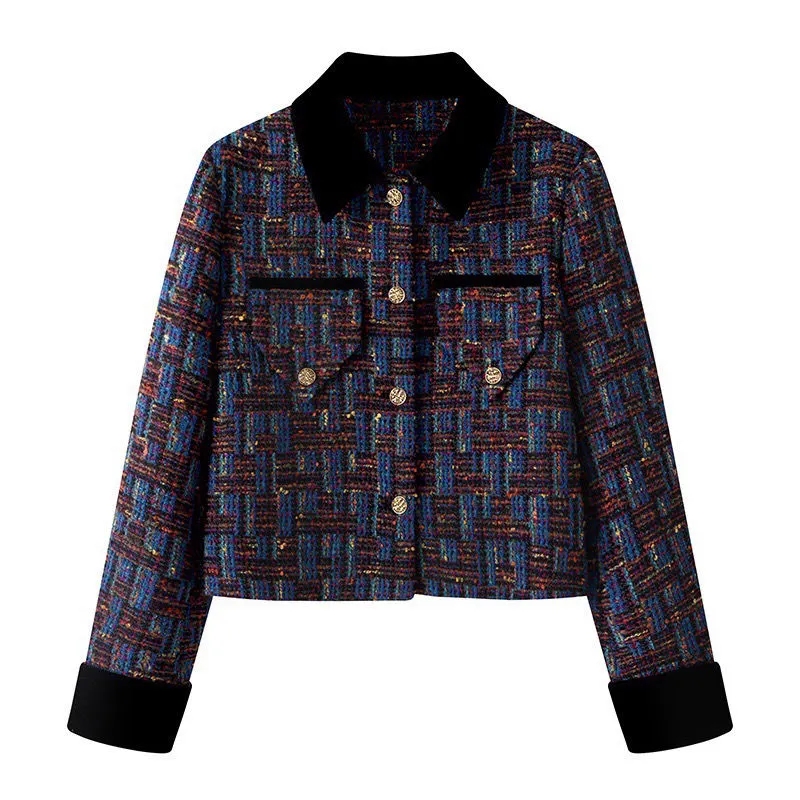 French retro color contrast small fragrant wind short coat women 2026 spring autumn new slim tweed temperament top female