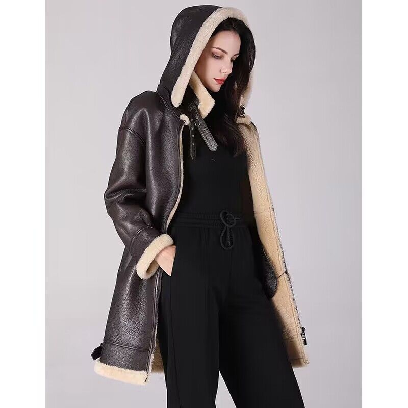 Abrigo largo de piel auténtica para mujer, chaqueta de piel de oveja auténtica para mujer, forro de lana marrón de gran tamaño, novedad de 2024