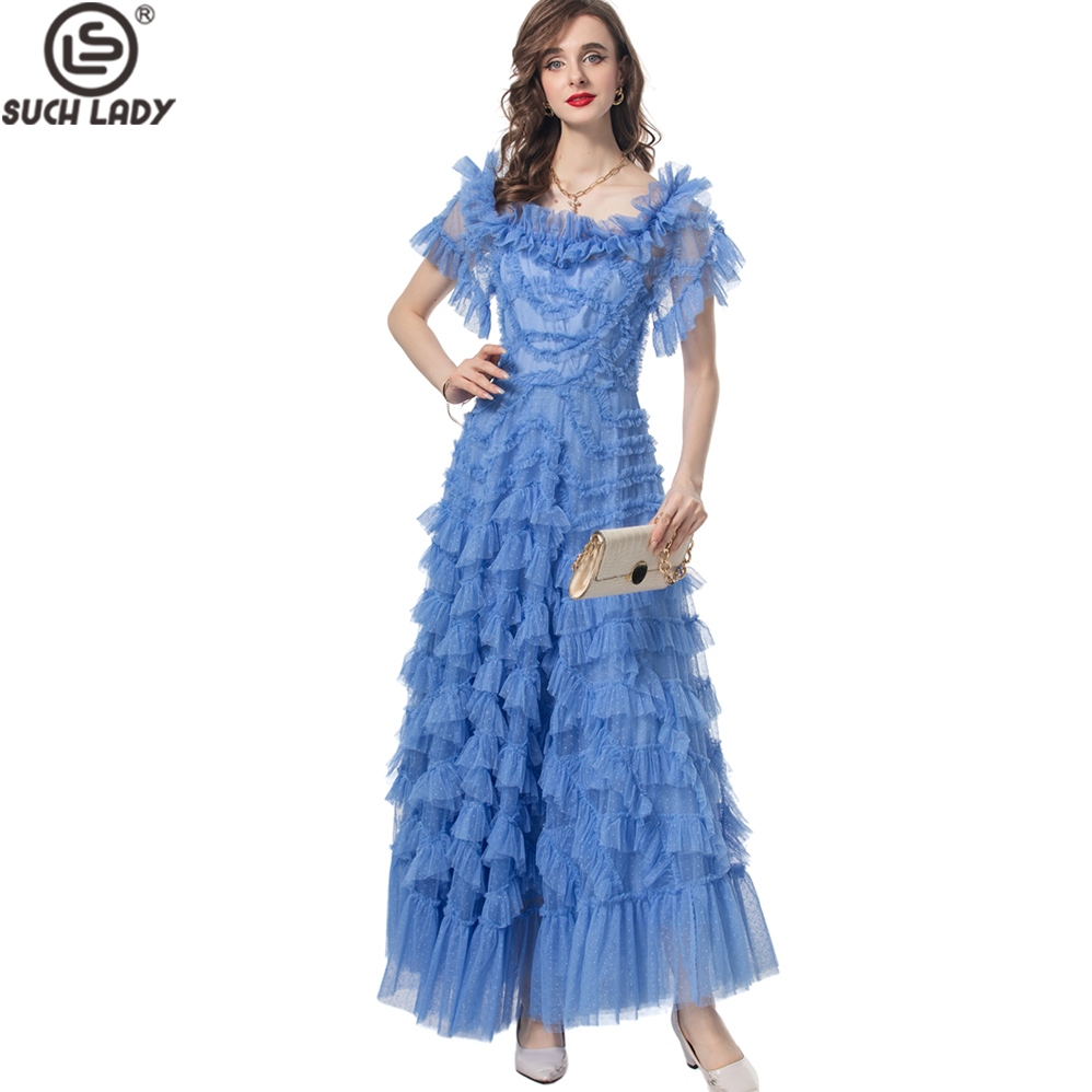 Damen kleider quadratischer Ausschnitt kurze Ärmel gestufte Rüschen elegante Designer Maxi lange Party Abend Vestidos Kleid