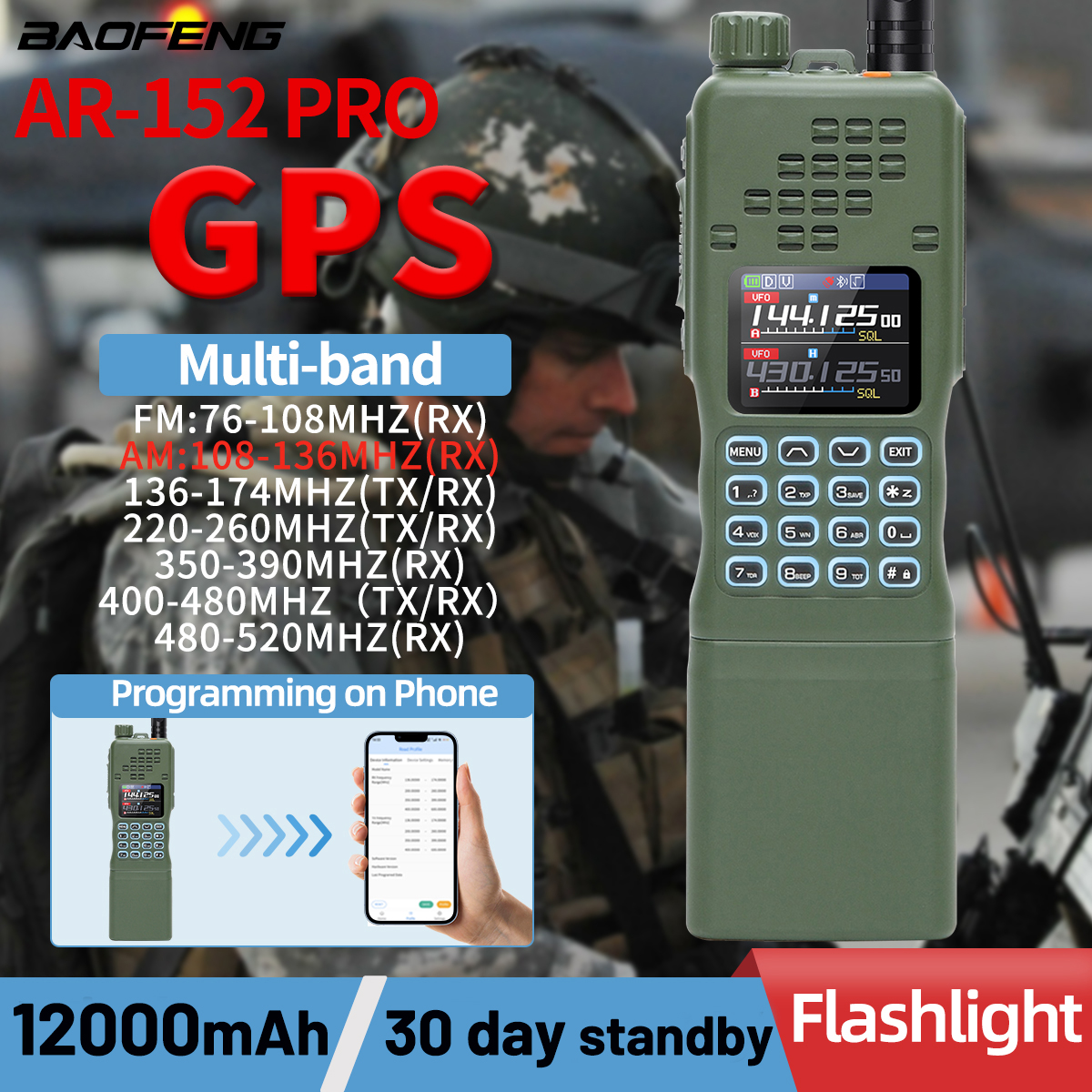 Baofeng AR-152 pro gps walkie talkie programação bluetooth de longo alcance 10w multi banda 12000mah tático 1000ch rádio amador em dois sentidos