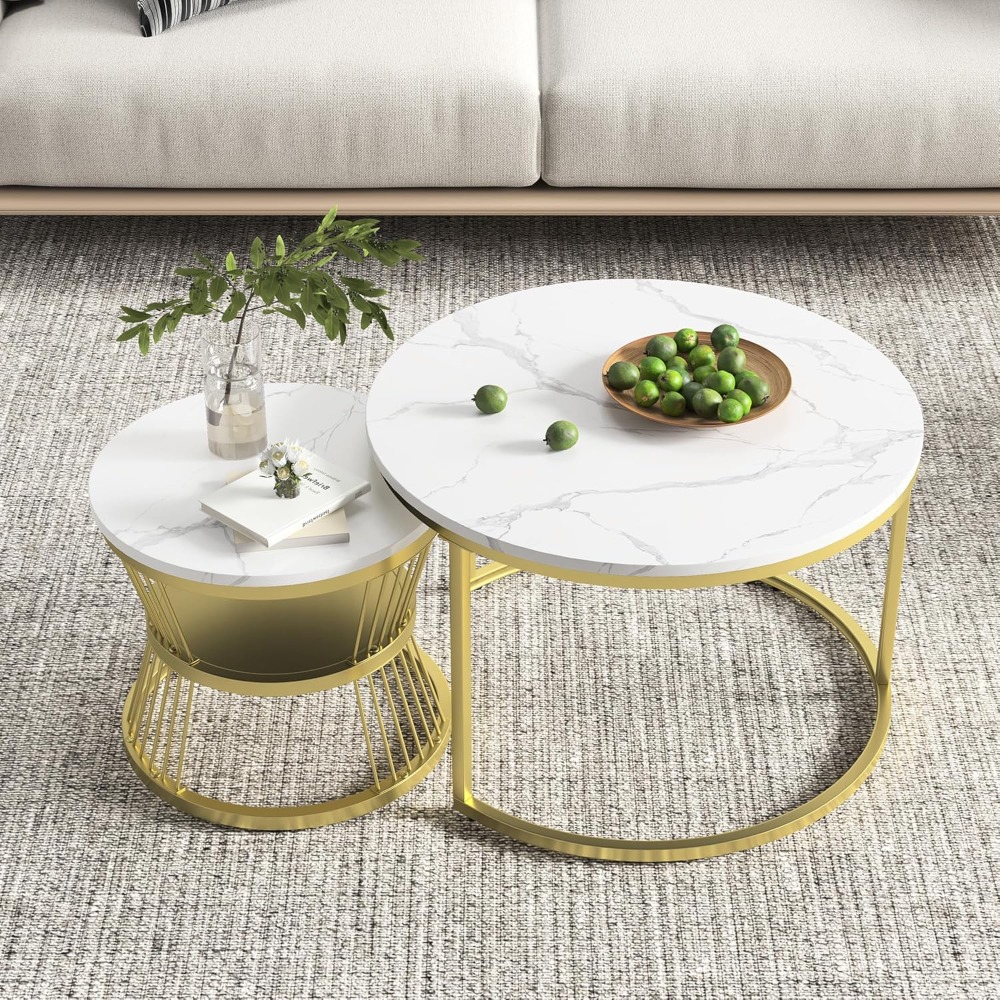 lot de 2 tables basses gigognes, structure en métal, table basse effet marbre, design moderne, table ronde en marbre pour salon, lit
