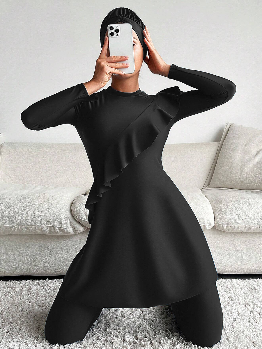 3 sztuk/zestaw muzułmańskie Burkini Femmes stroje kąpielowe długie islamskie stroje kąpielowe skromny strój kąpielowy damski strój kąpielowy wzburzyć krawędź projekt