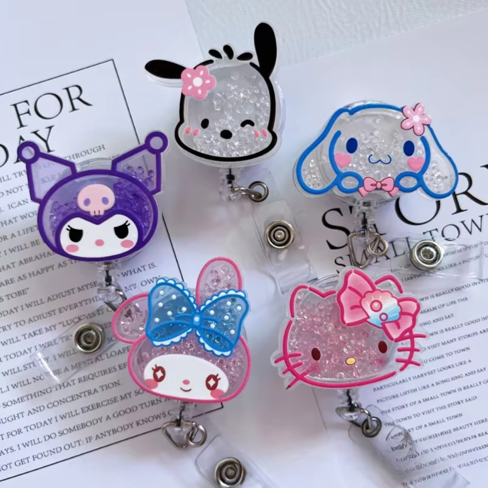 Neue fließende Sand Hello Kittys einziehbare Abzeichenrolle Kawaii Cartoon Krankenschwester Arzt Kartenhalter Büro Krankenhaus Namenskartenzubehör