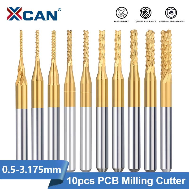 XCAN-PCB Fresador, CNC Router Bit, Shank Carbide, End Mill, Machine Milling Tools, TiN revestido, 0.5-3.175mm, 3.175mm, 10Pcs
