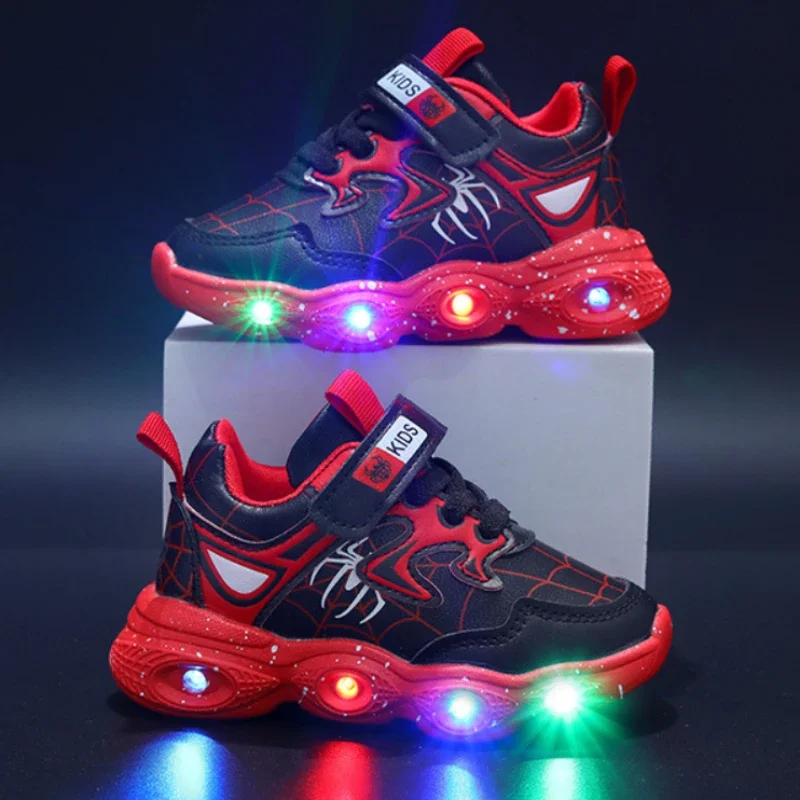 Disney crianças sapatos de luz led moda aoger spiderman meninos tênis meninas cartton sapatos casuais respirável crianças sapatos esportivos