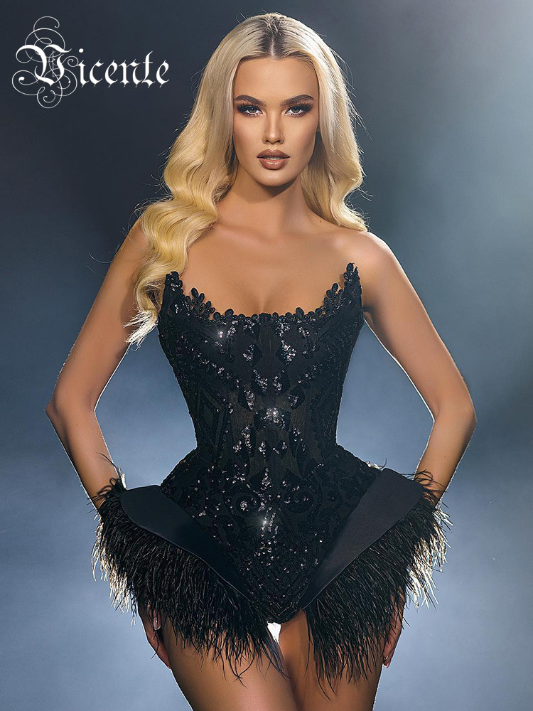 Vc schwarze Pailletten Bodysuit Frauen sexy träger lose Feder dekoration einteilige weibliche Kleidung für Bühnen performance