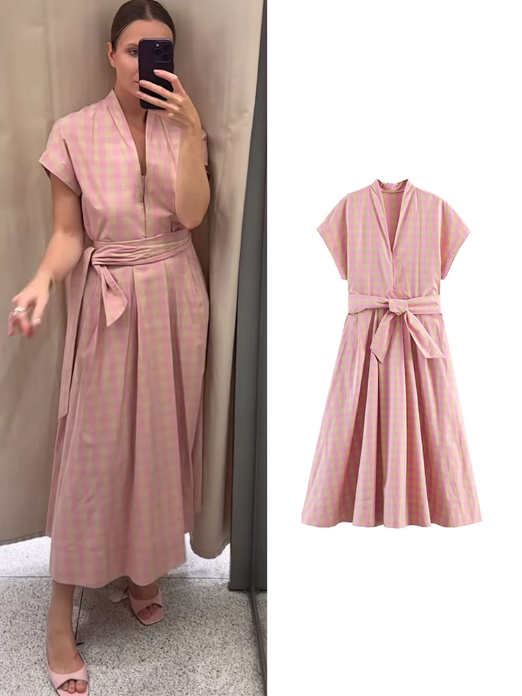 TFMLN Nouvelle Robe Midi Chic à Carreaux pour Femme, Col en V Tendance, Tenue de Bureau Élégante avec Ceinture