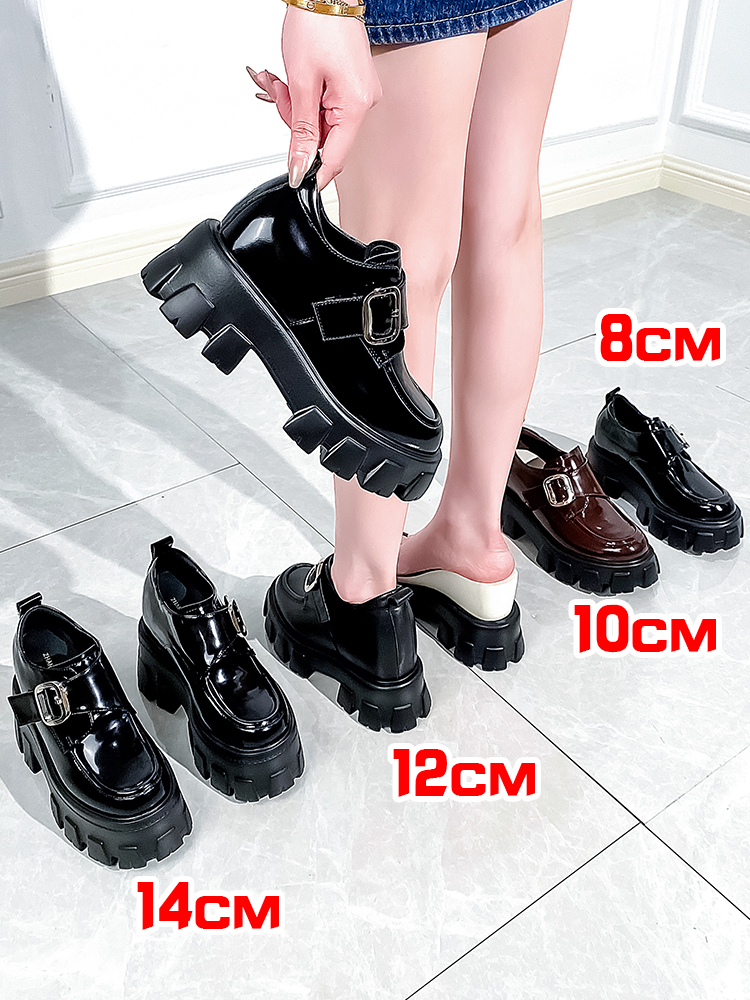 8–14 cm höhenvergrößernde Damenschuhe, schwarze Echtleder-Loafer, klobige Plateauschuhe, Damen-Mary-Janes-Schuh-Aufzugsschuhe