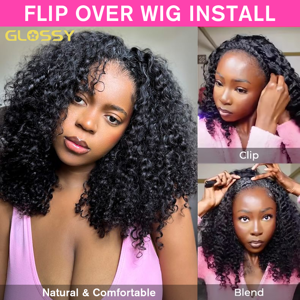 Kinky CURLY ครึ่งวิกผมผมมนุษย์ความหนาแน่น 300% สวมใส่ Go Glueless วิกผม 3 ใน 1 แถบคาดศีรษะวิกผมสําหรับผู้หญิงสายรัดไม่มีรอยต่อพลิกวิกผม