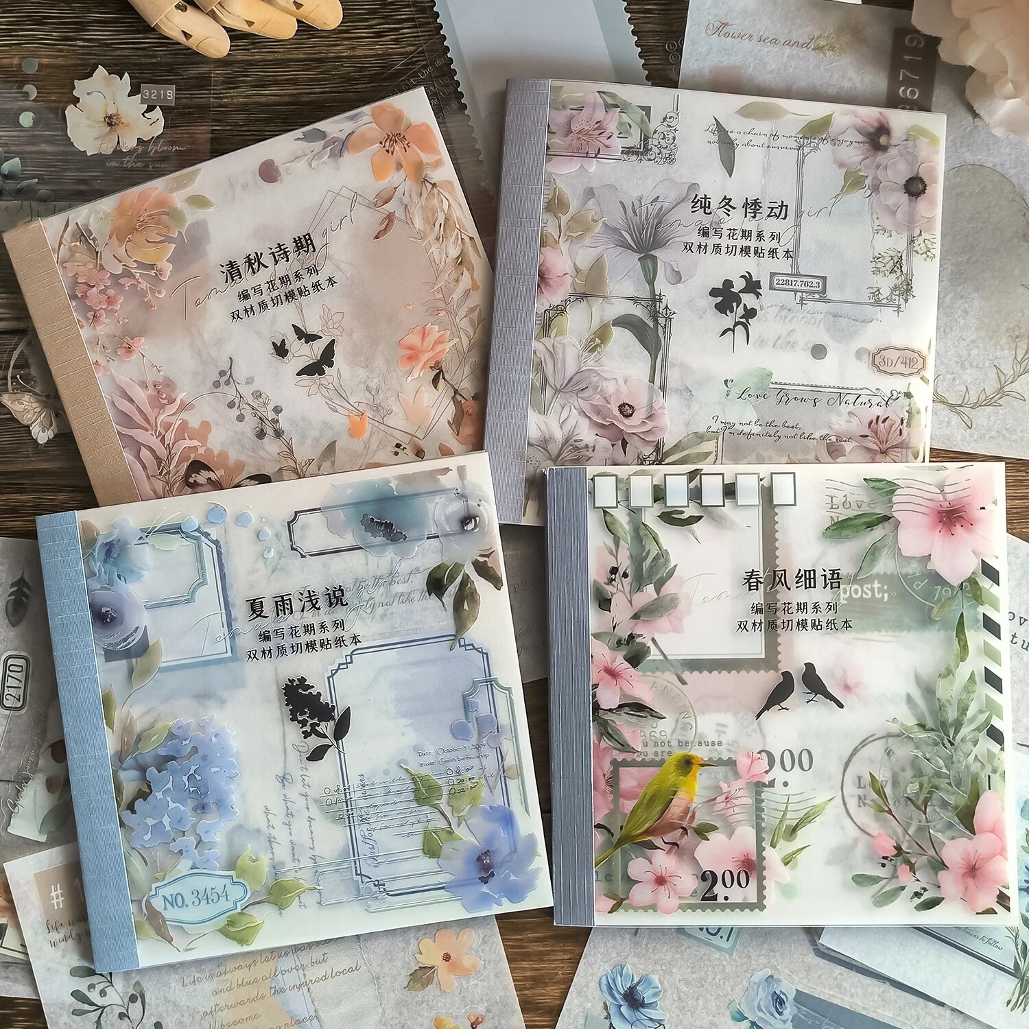 4Style 20pcs/book INS Floral Sticker Book Four Seasons Theme Cutting Scrapbook Podwójny materiał Podręcznik DIY Naklejki dekoracyjne