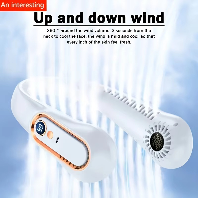 Ventilador de Pescoço com Display Digital, Ventilador Sem Lâminas, Mini Ar-Condicionado Portátil, Ventiladores Elétricos Recarregáveis por USB