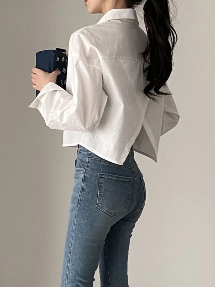 Zoki Sexy Rug Split Wit Shirt Vrouwen Koreaanse Lange Mouw Cropped Tops Casual All Match Knopen Omlaag Kraag Vrouwelijke Blouse