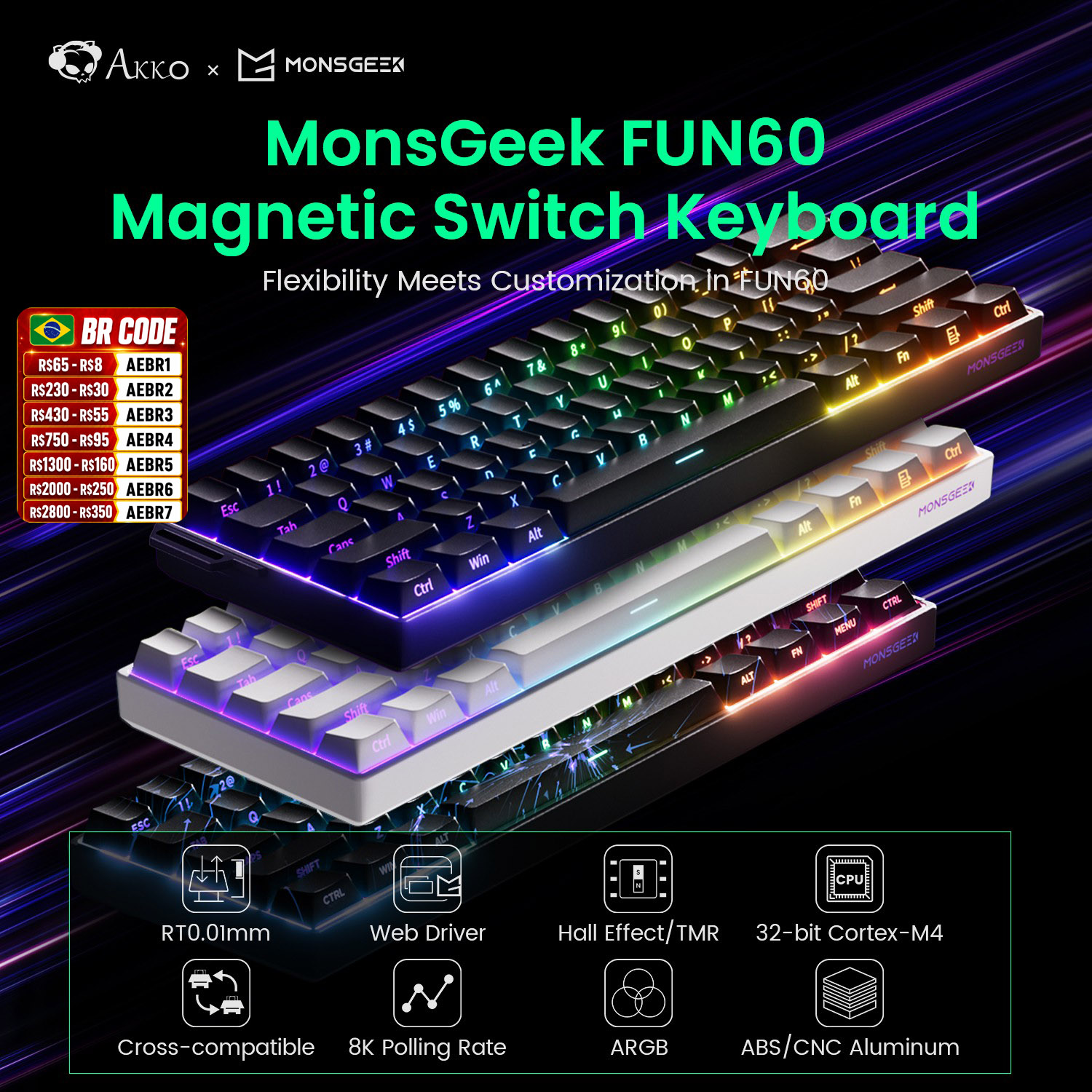 Klawiatura mechaniczna Akko MonsGeek FUN60 Przełącznik magnetyczny 60% Klawiatury do gier Szybki wyzwalacz 0.01mm 8K ARGB HE/TMR Niestandardowa klawiatura