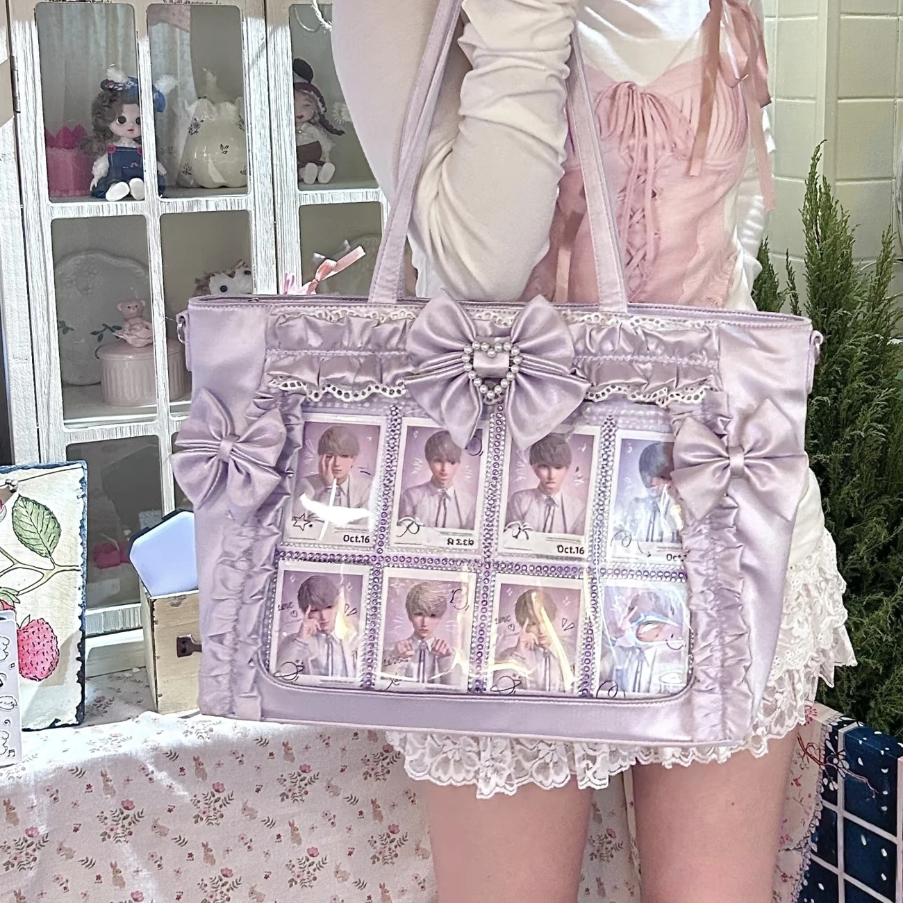 Nuova Borsa a Tracolla Y2K Sweet Ita, Borsa Tote Trasparente Lolita per Ragazze, Borsa a Tracolla Grande Capacità in Pizzo da Donna, Borsa a Mano Carina Fai-da-te per Esposizione