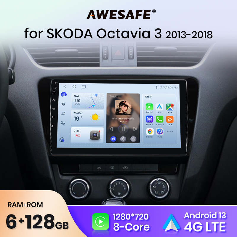 Автомагнитола AWESAFE PX9 Plus для Skoda Octavia 3 2013-2018, беспроводная Автомагнитола на Android для CarPlay, автомагнитола 2 din, DVD