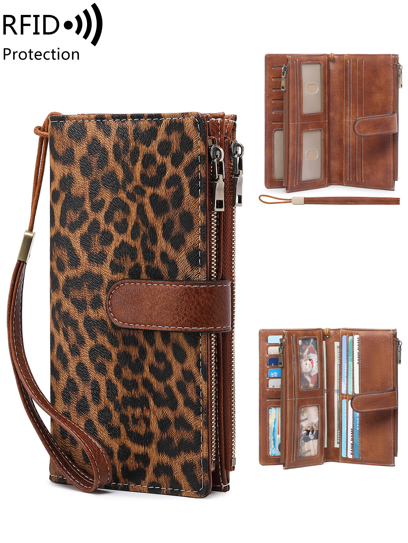 MIYIN Portafoglio da donna vintage moda RFIDShielding Portafoglio lungo con doppia cerniera Porta carte di credito a tre ante Portafoglio da donna con cinturino da polso