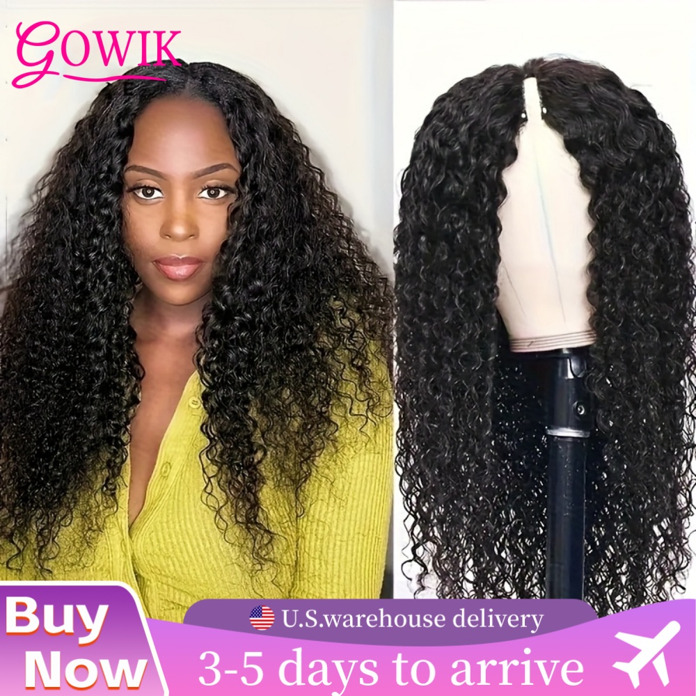 V parte encaracolado peruca de cabelo humano onda profunda perucas com clipe v forma onda de água cabelo humano cor preta natural sem deixar para fora para mulher