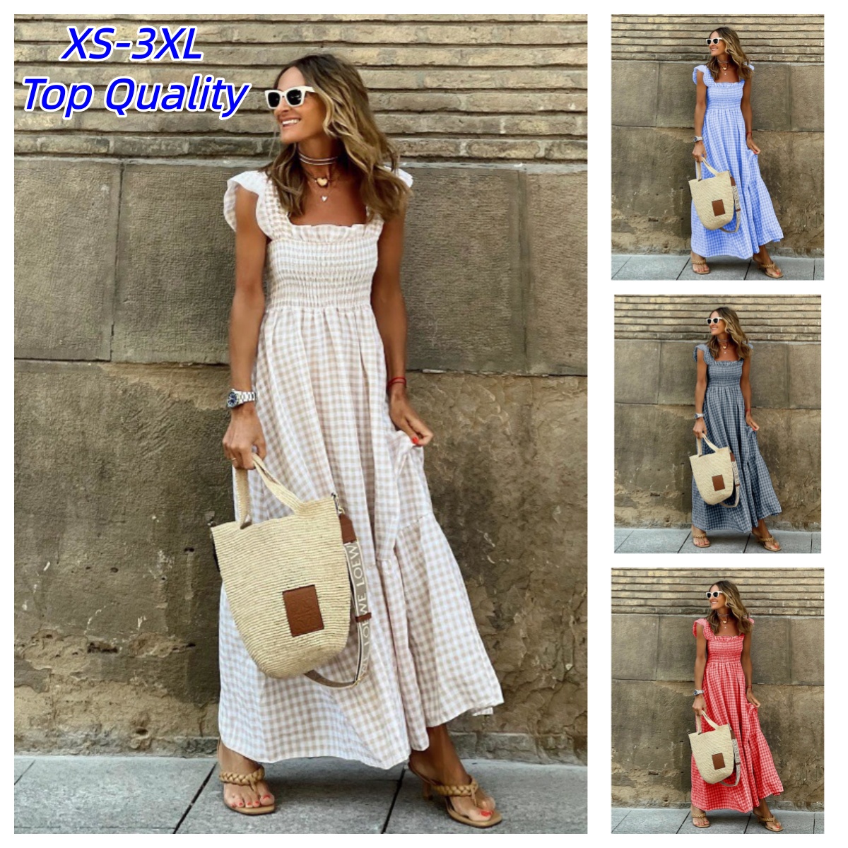 Elegant Plaid Slip Maxi Long Dress Summer Women Strapless Ruffle Backless Pleated Elastic Waist Boho Party Swing Loose Dresses