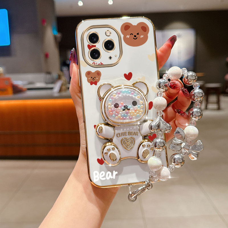 Чехол-держатель для телефона с жемчужным ремешком Love Bear для iPhone 17, Air 16, 15, 14, 13, 12, 11 Pro Max Mini Plus 16E, противоударный чехол