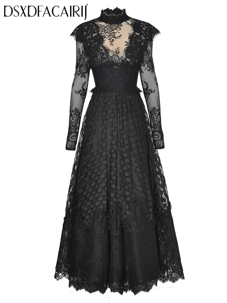 DSXDFACAIRIJ dames zwart kant patchwork mesh lange jurk opstaande kraag vintage ruche detail lente mode vrouwelijke jurk
