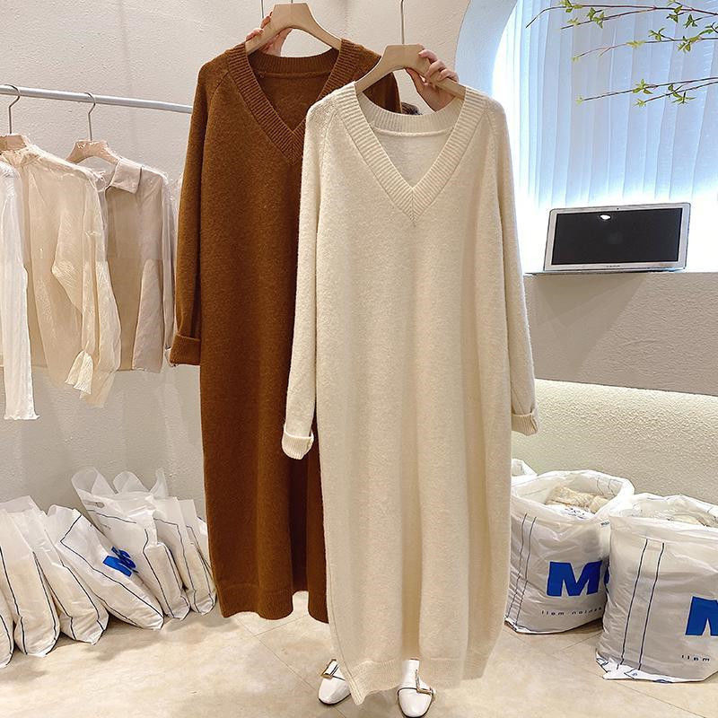 ขนาด 10XL 150 กก.เสื้อกันหนาวคุณภาพสูงสําหรับผู้หญิงสีทึบ V คอหนาฤดูใบไม้ร่วงและฤดูหนาวชุดยาว