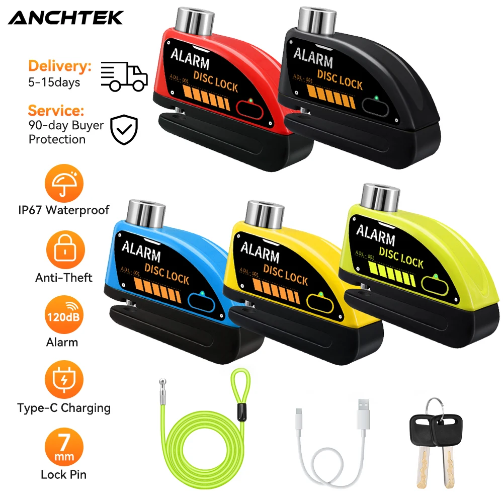 Anchtek-cerradura de freno de disco con alarma para motocicleta, candado de seguridad para rueda de Moto, resistente al agua, 110db, alarma antirrobo fuerte para Motocicleta