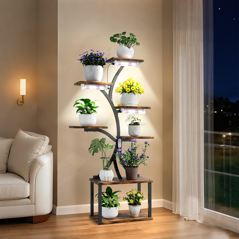 7-stufiger Pflanzenständer in Zweigform aus Metall für Blumen mit LED-Wachstumslichtern