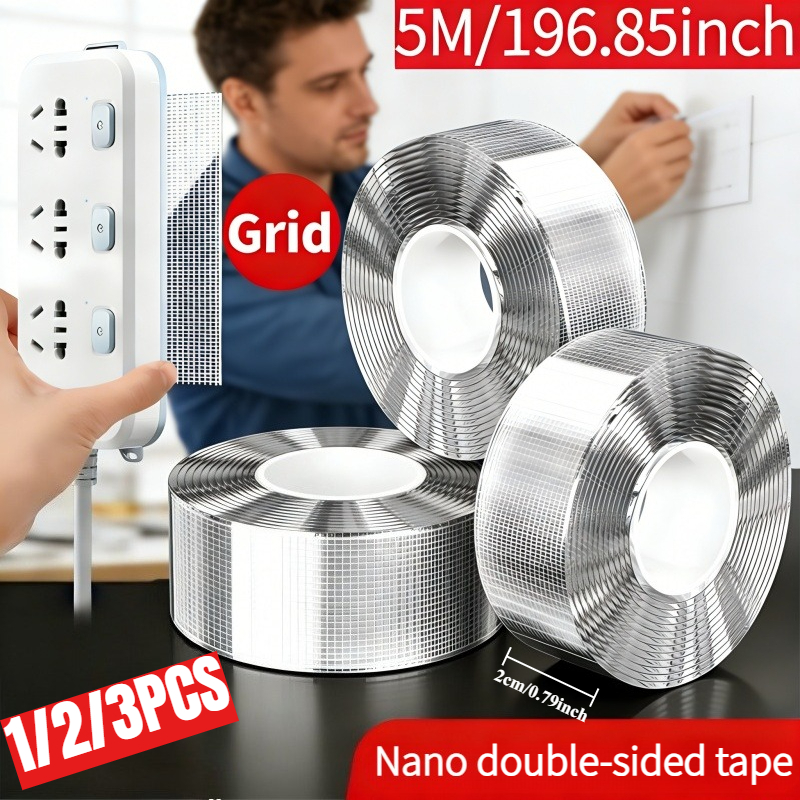 1/2/3pcs Industrial Grade Nano Double-Sided Tape, 5-Meter-Long PET Transparent High Viscosity, Removable Without Leaving Marks, Strong Load-Bearing Capacity, High Temperature Resistance, Reusable, Suitable for Home, Office, and Automotive Use