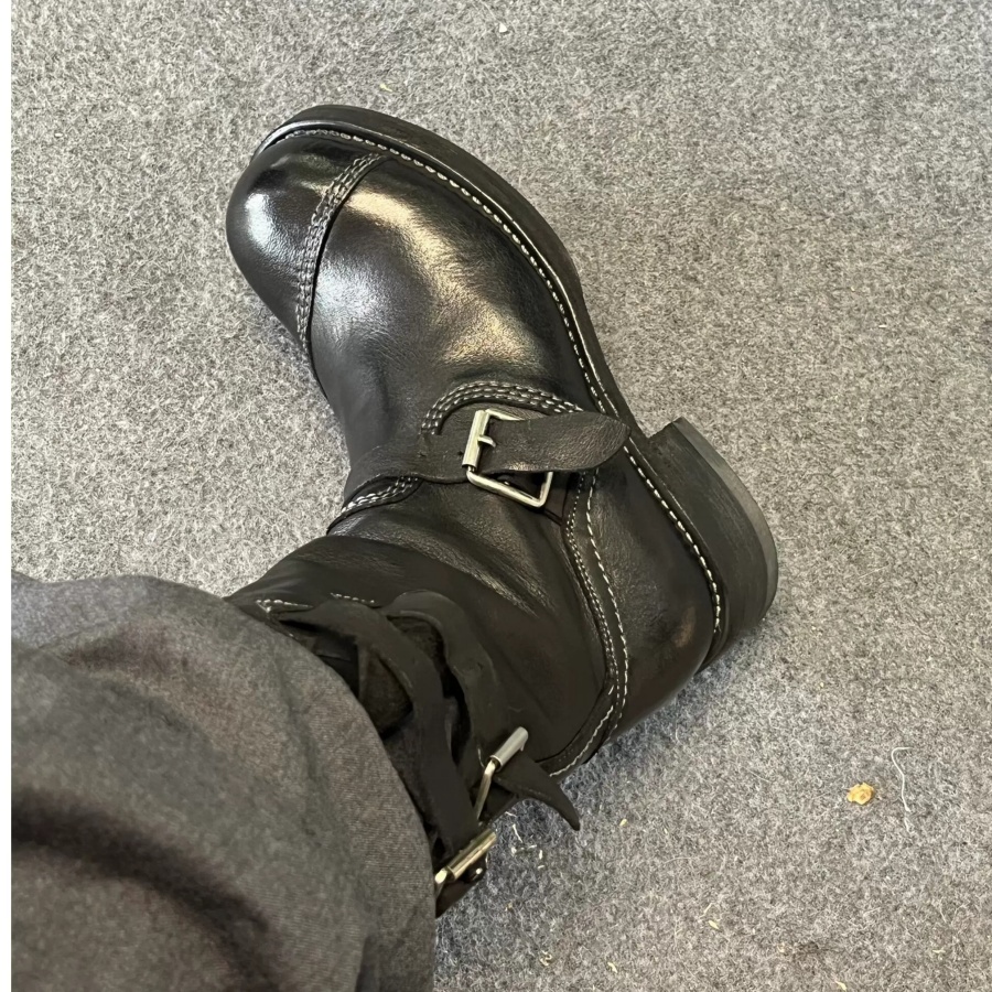 Stivali da Uomo in Pelle Nera Vintage Effetto Invecchiato con Tre Cinturini, Stivali da Motociclista a Metà Polpaccio, Stivali da Combattimento con Tacco Grosso, Stile Gotico Punk