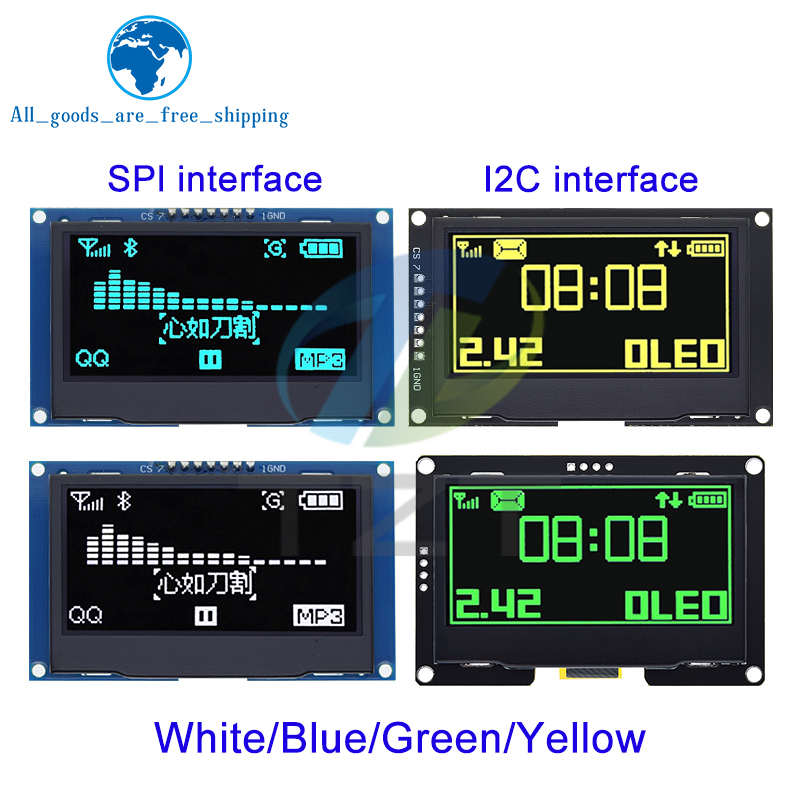 TZT 2.42 "Màn Hình LCD 2.42 Inch Trắng Vàng 128X64 Màn Hình Hiển Thị OLED Mô Đun IIC I2C SPI Nối Tiếp Cho c51 SPD0301