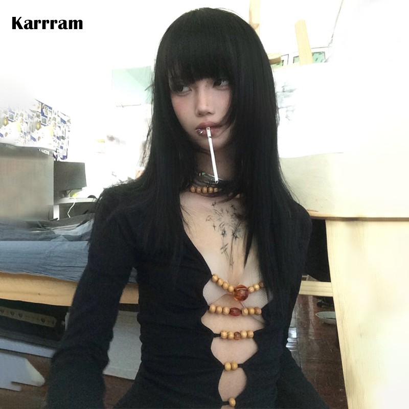 Karrram, японские топы Y2k, винтажная футболка с бисером в стиле Харадзюку, эстетика 2000-х годов, тонкие футболки с длинными рукавами в американском стиле ретро