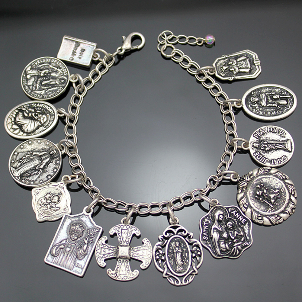 Bransoletka w stylu vintage Katolicka Kościół Religijny Medale Święci MÓDL SIĘ NA Krzyż Wisiorek Łańcuch Kobiety Bangle Posrebrzana Biżuteria Prezenty