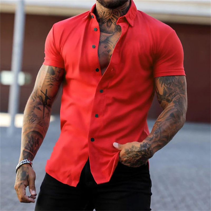 Camisa de manga corta con solapa, cárdigan informal deportivo fino elástico de color sólido, camisa de negocios sin hierro, xs-4xl de gran tamaño