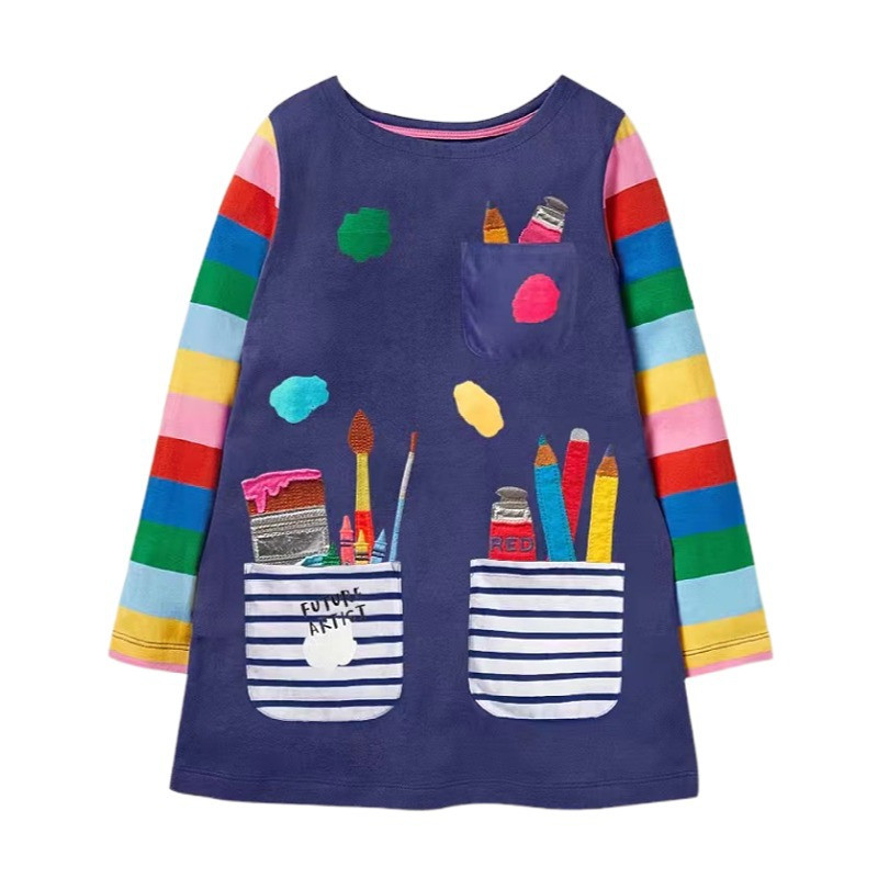 Jumping metros 2-8t venda quente vestidos escolares das crianças com bolsos caneta bordado manga longa outono crianças estilo preppy vestido