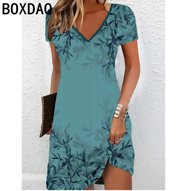 เดรสสำหรับผู้หญิงไซส์ใหญ่5XL 6XL, เดรสฤดูร้อนแขนสั้นพิมพ์ลายใบไม้วินเทจ3D