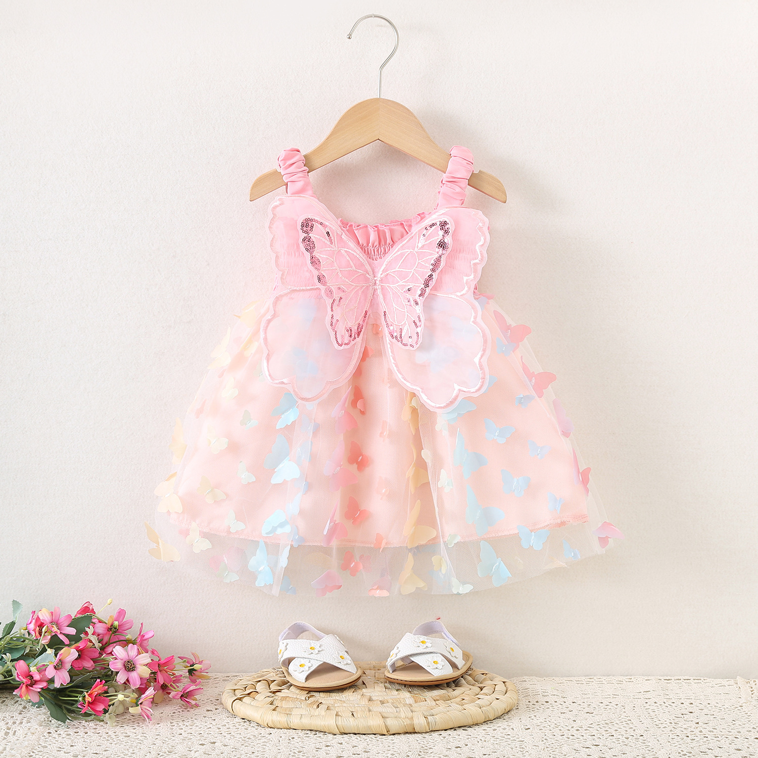 Vestido de niña de verano con alas de mariposa, ropa de bebé hinchada con cuello Halter, vestidos casuales bonitos para bebé, vestidos de princesa para niños