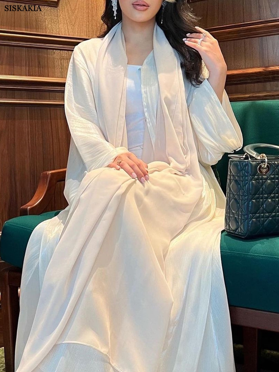 Siskakia-Quimono Aberto de Cetim Brilhante Feminino, Roupas de Festa Elegantes, Abaya Dubai, Saudita, Kaftan Marroquino, Túnica Árabe Turca, Moda Muçulmana