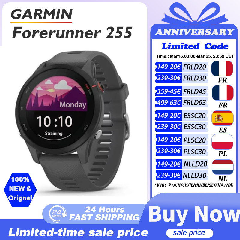 Garmin Forerunner 255 Sport Smartwatch 46mm 1,3'' Farbbildschirm 14 Tage Akkulaufzeit 4GB RAM NFC Bluetooth Wifi 5ATM Wasserdicht