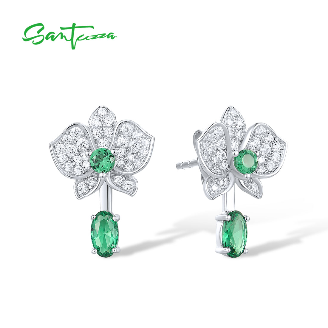 SANTUZZA Plata de Ley 925 auténtica pendientes tipo botón para mujer brillante blanco CZ verde espinela flor colgante joyería fina delicada