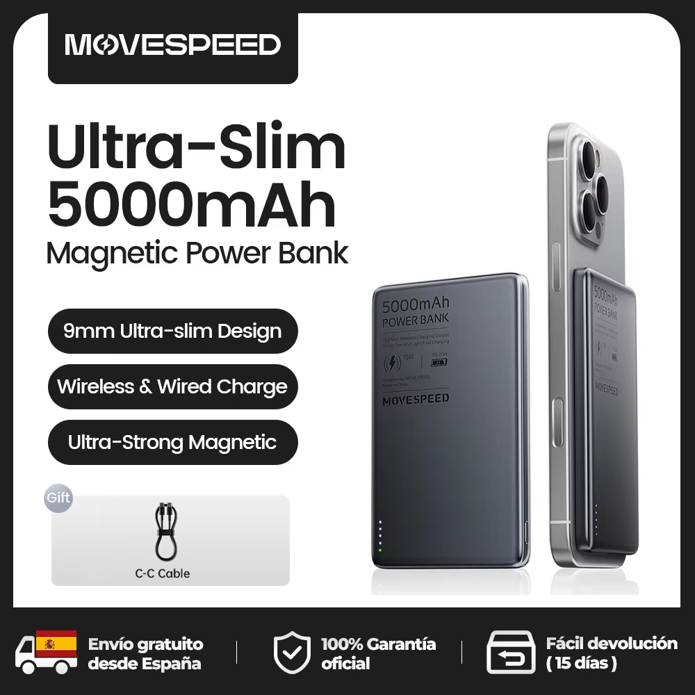 MOVESPEED S05 Slim Magnetic Power Bank 5000mAh Bateria Portatil Carga Rapida  20W PD USB-C Externa Bateria Magnetica Cargador Para iPhone 16, 15 y 14 Powerbank