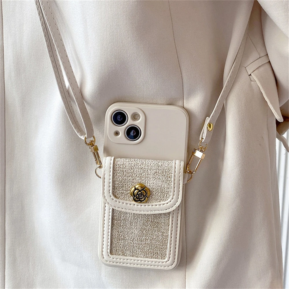 Borsa per carte di credito in pelle fiore di lusso Borsa per tracolla con cordino Custodia morbida per iPhone 17 15 16 14 Pro Max 13 12 11 X XS Plus Cover