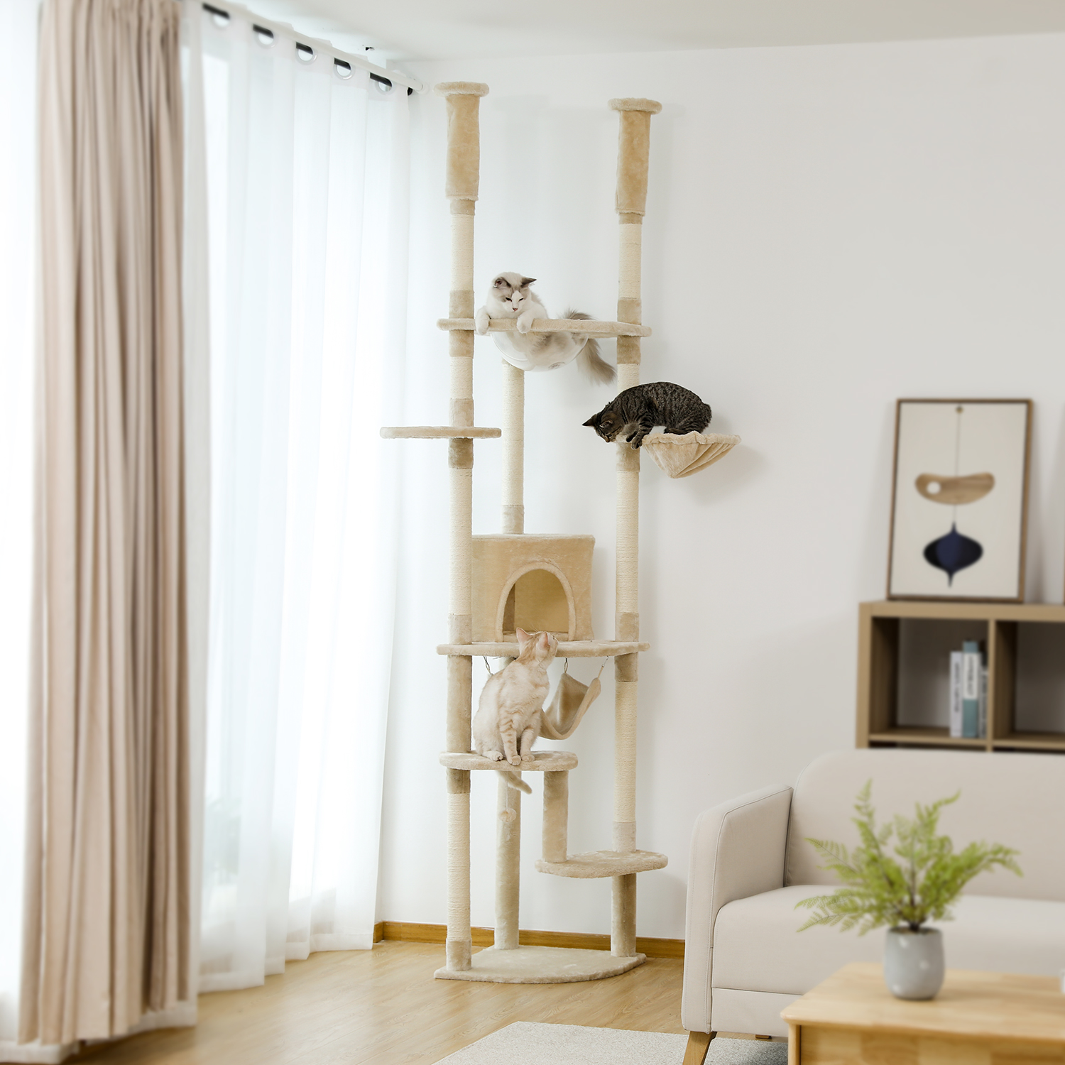Albero per gatti dal pavimento al soffitto Torre per gatti regolabile Casetta da gioco per arrampicata per gattini alta con tiragraffi Accogliente poltrone per condo Amaca