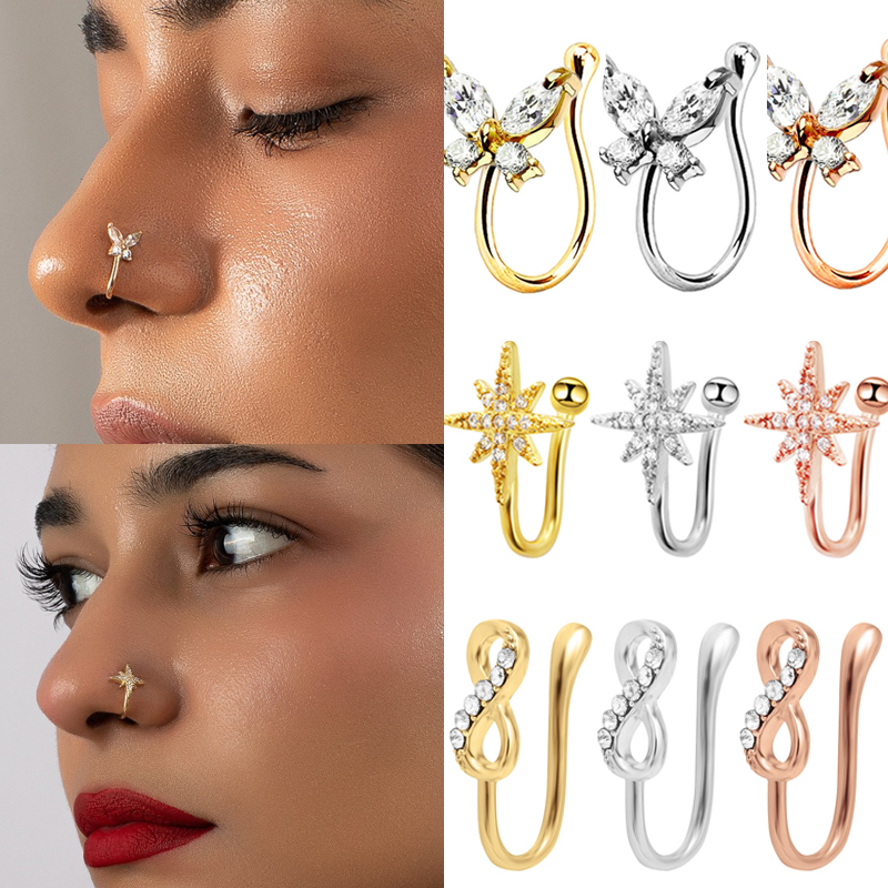 Fashion Crystal Butterfly Star Fake Nose Ring dla kobiet Gold Color Septum Stainless Steel Falso Nose Ring Biżuteria do przekłuwania ciała