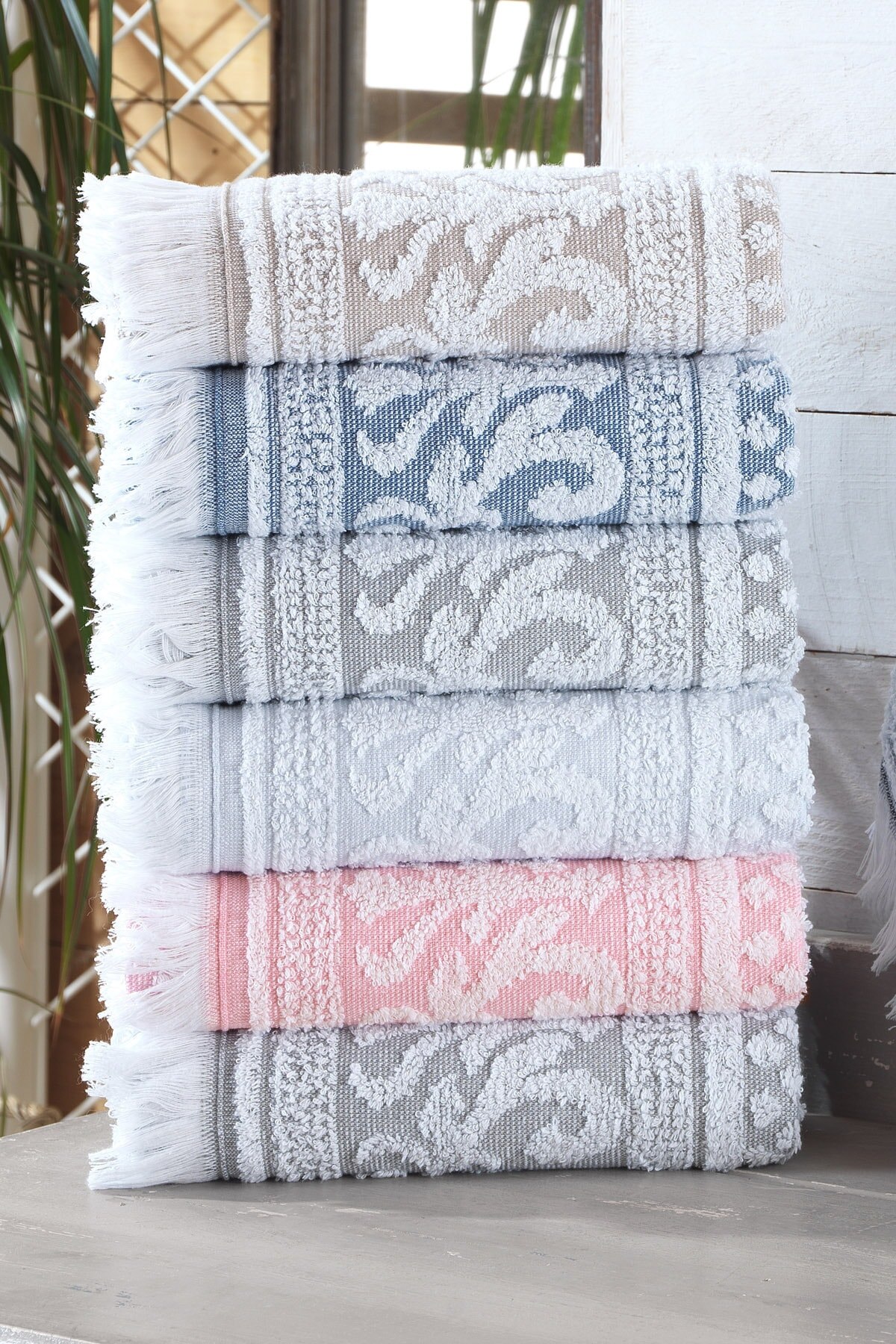 Set Handuk Tangan dan Wajah 3d Tali-temali Jacquard Berumbai 6'lı 50X90 Cm