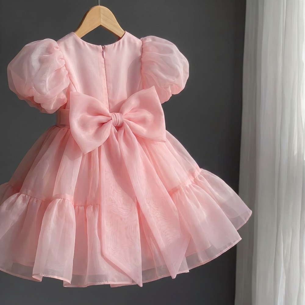 Gaun Putri Lengan Puff Bahan Mesh Musim Panas 2026, Pakaian Pernikahan Anak Perempuan dengan Pita Manis, Usia 1-10 Tahun, Gaun Pesta Ulang Tahun Bayi Perempuan