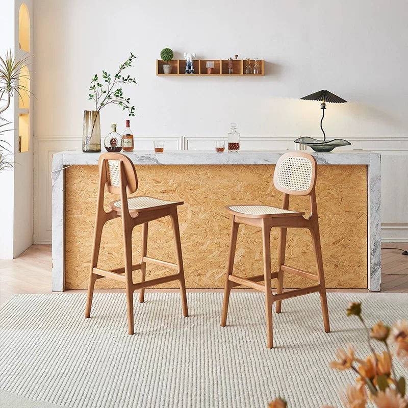 Rattan - Woven Backrest Bar Stool, Solid Wood Frame, Ergonomic Design, Perfect for Kitchen Island & Home Bar Use