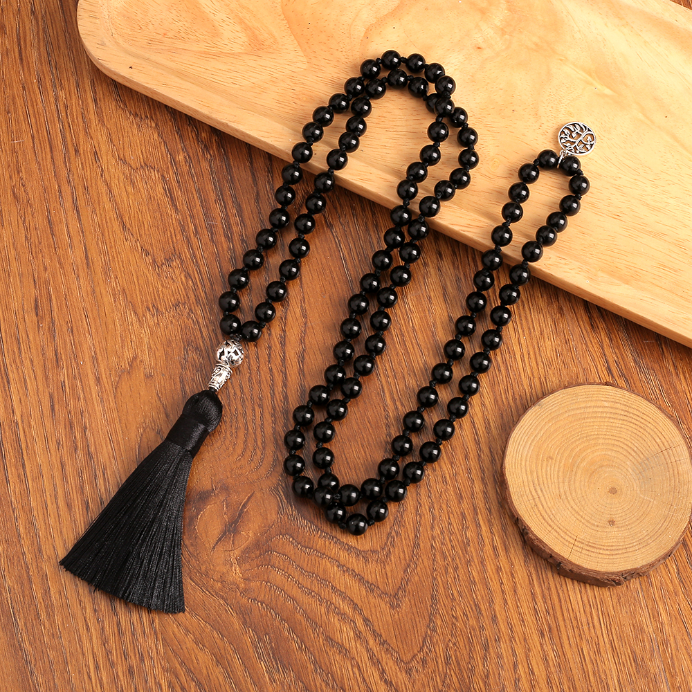 108 Mala-Perlen-Halskette aus schwarzem Onyx, 8 mm, Rosenkranz, Meditationsschmuck, Japamala-Quasten-Halskette mit Lebensbaum-Anhänger