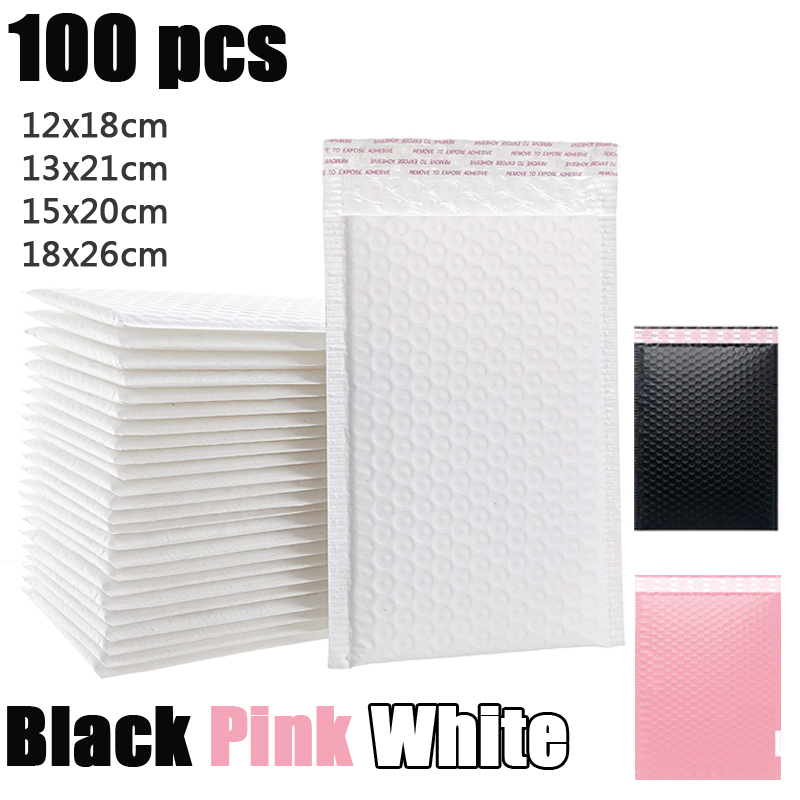 Sobres acolchados autosellados, sobres de burbujas de polietileno, bolsas de embalaje para correo, color blanco mate y negro, 100 unidades